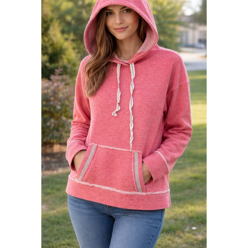 Sydney Hoodie Women M Medium Pullover Coral Pink Rhinestone Trim Raw‎ Hem